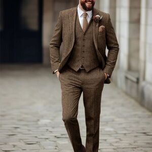 NWT Custom Made Bespoke Tweed Herringbone Men's Suit, J46R, T36/32R, V46R